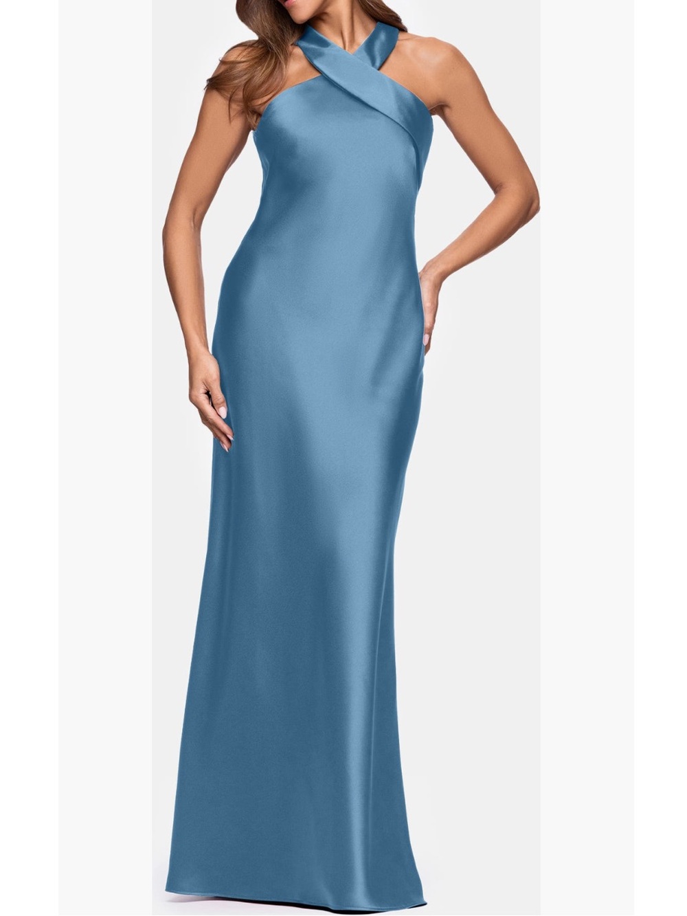 Xscape Evenings Halter Neck Satin Trumpet Gown in Slate Blue Color New!